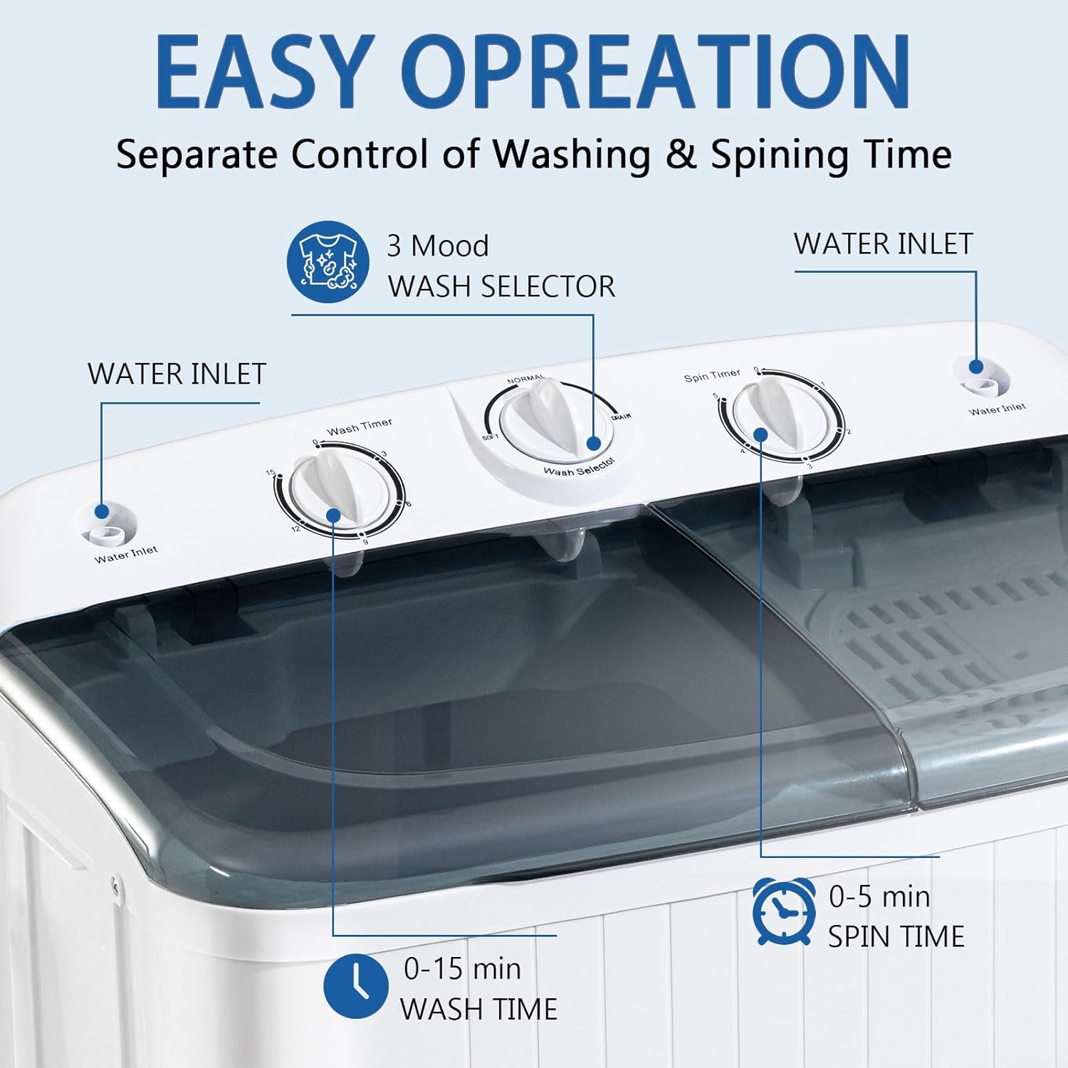 Portable Mini Twin Tub 22lbs Washing Machine With Drying Rack& 10 Hangers, 13lbs Washer & 9lbs