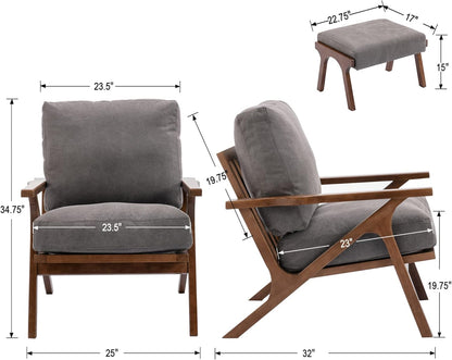 chairus Mid-Century Modern Accent Chair with Ottoman, Linen Fabric Armchair with Wood Legs Comfy