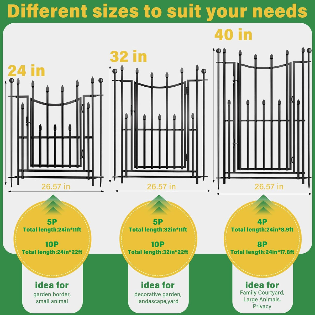 10 Panels No Dig Decorative Garden Fence with Gate, 32in(H) × 22ft(L) Heavy-Duty Rustproof Metal