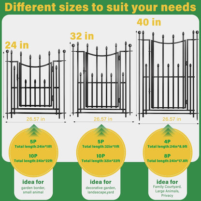 10 Panels No Dig Decorative Garden Fence with Gate, 32in(H) × 22ft(L) Heavy-Duty Rustproof Metal