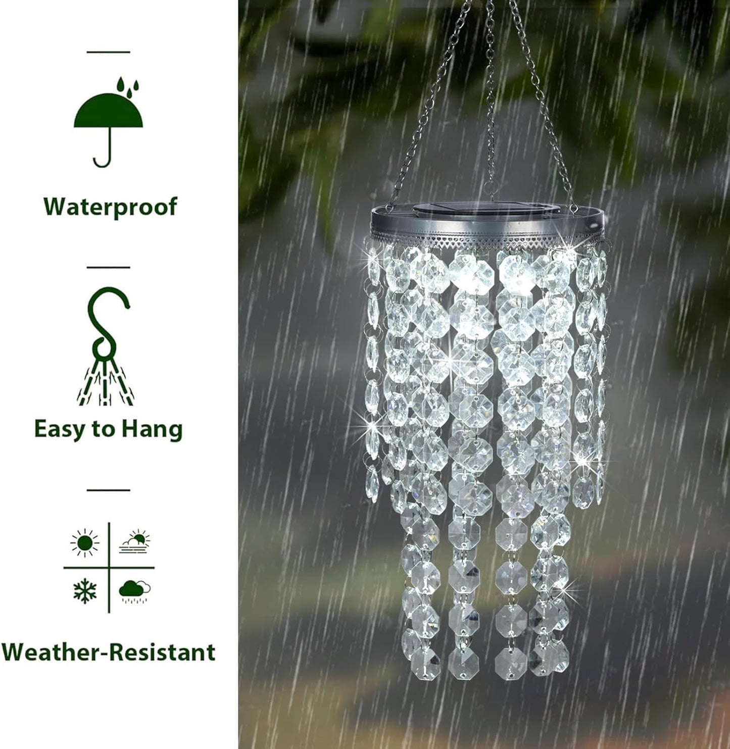 Hanging Solar Lantern Outdoor, 2 Tiers 21” Solar Transparent Acrylic Beaded Chandelier with Cool