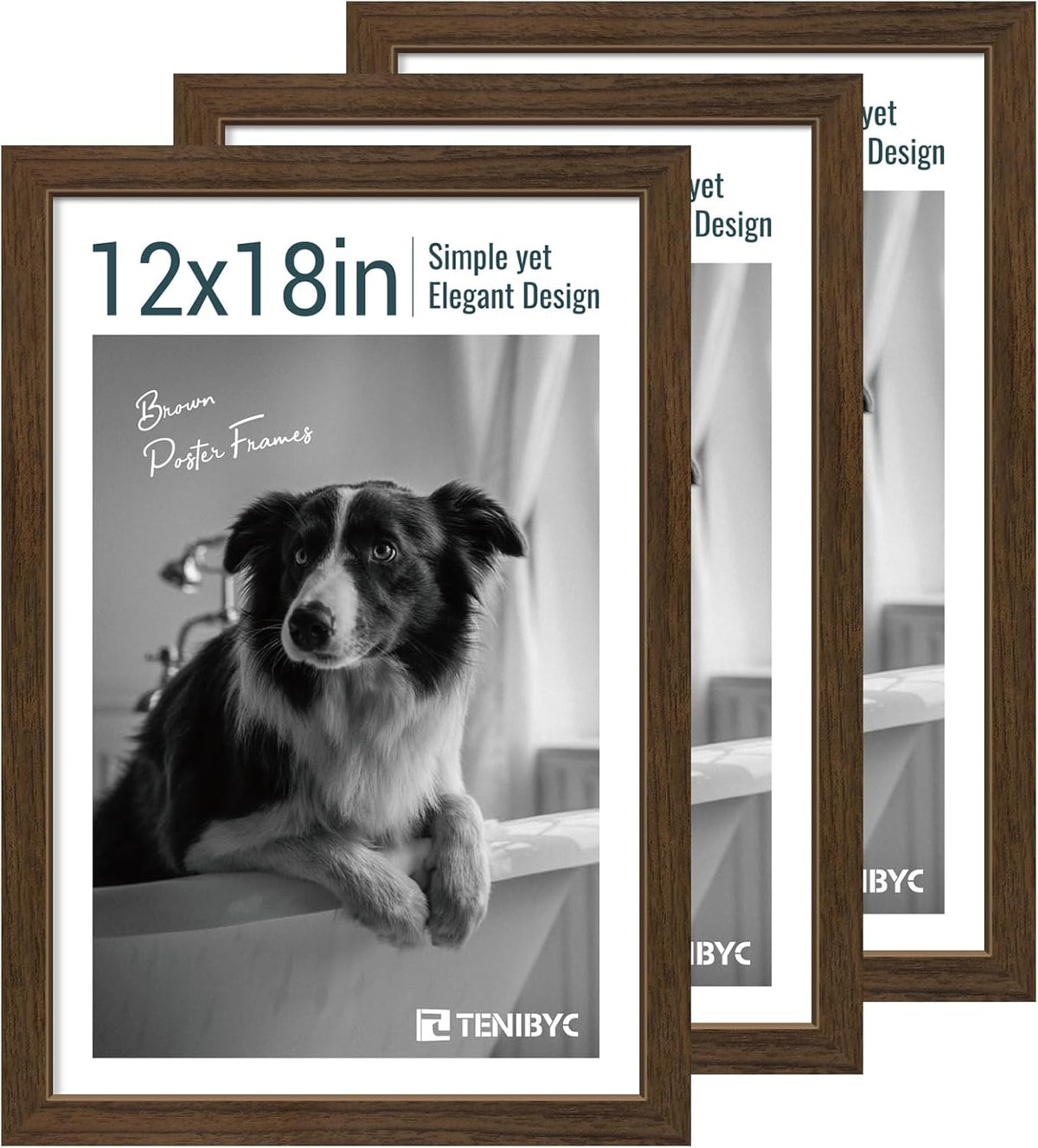 12x18 Poster Frame 3 Pack - Brown Woodgrain, Wood Poster Frame, HD Tempered Glass, Wall Gallery