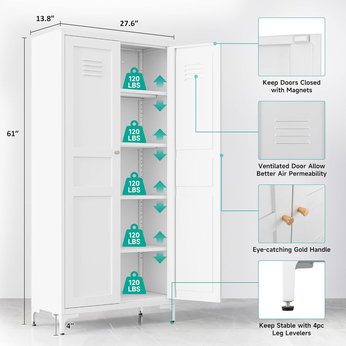 SISESOL Metal Storage Cabinet with Doors and Shelves,White Storage Cabinet with Leg & Vent