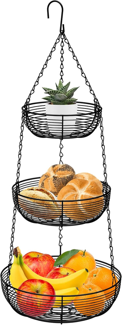 CAXXA 3-Tier Hanging Basket Fruit Organizer Kitchen Heavy Duty Wire Organizer with 2 Free Bonus