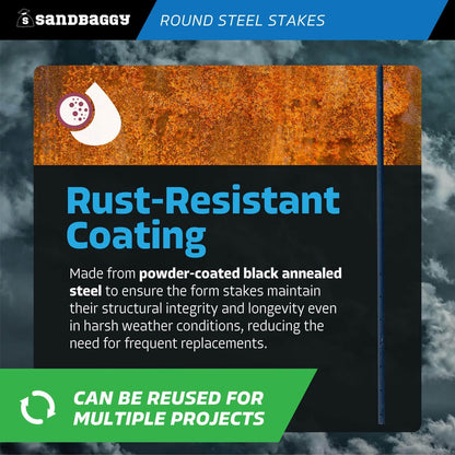 Sandbaggy Round Steel Concrete Form Stakes with Nail Holes - Rust Resistant Coating - Removable