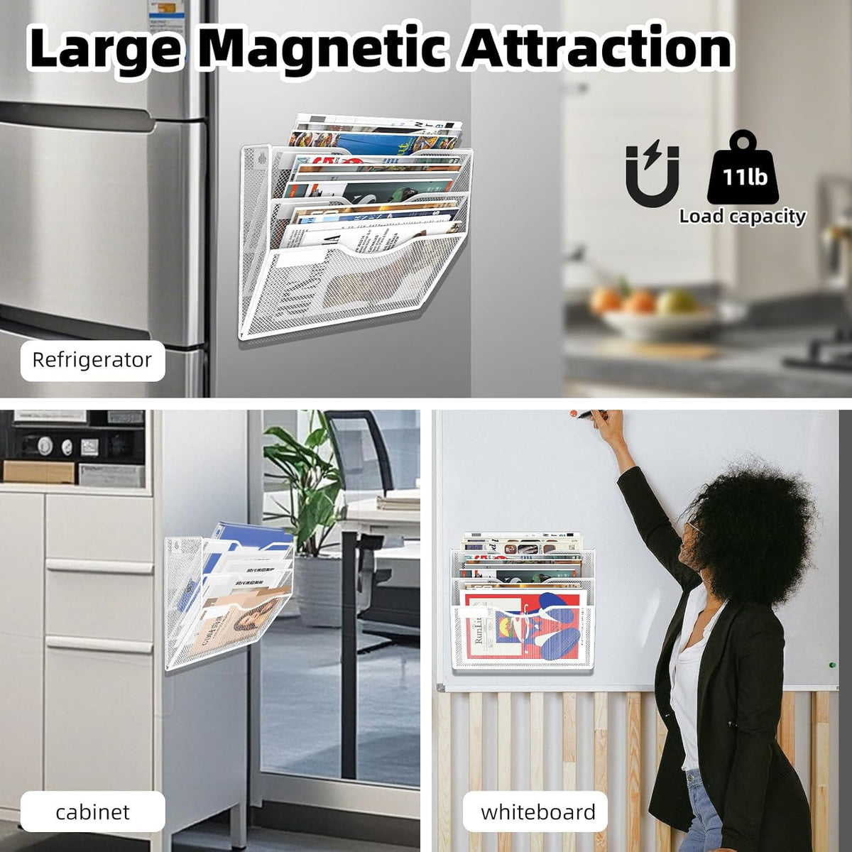 3-Tier Magnetic File Holder, No Drilling Installation File Cabinet Organizer, White Magnetic File