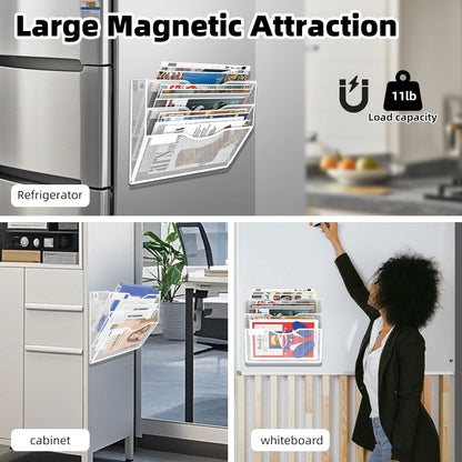 3-Tier Magnetic File Holder, No Drilling Installation File Cabinet Organizer, White Magnetic File
