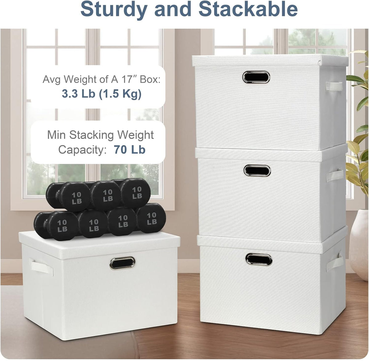 Large 17" 36 Quart Collapsible Stackable Storage Bins with Lids, 5 Packs White Linen Fabric Closet
