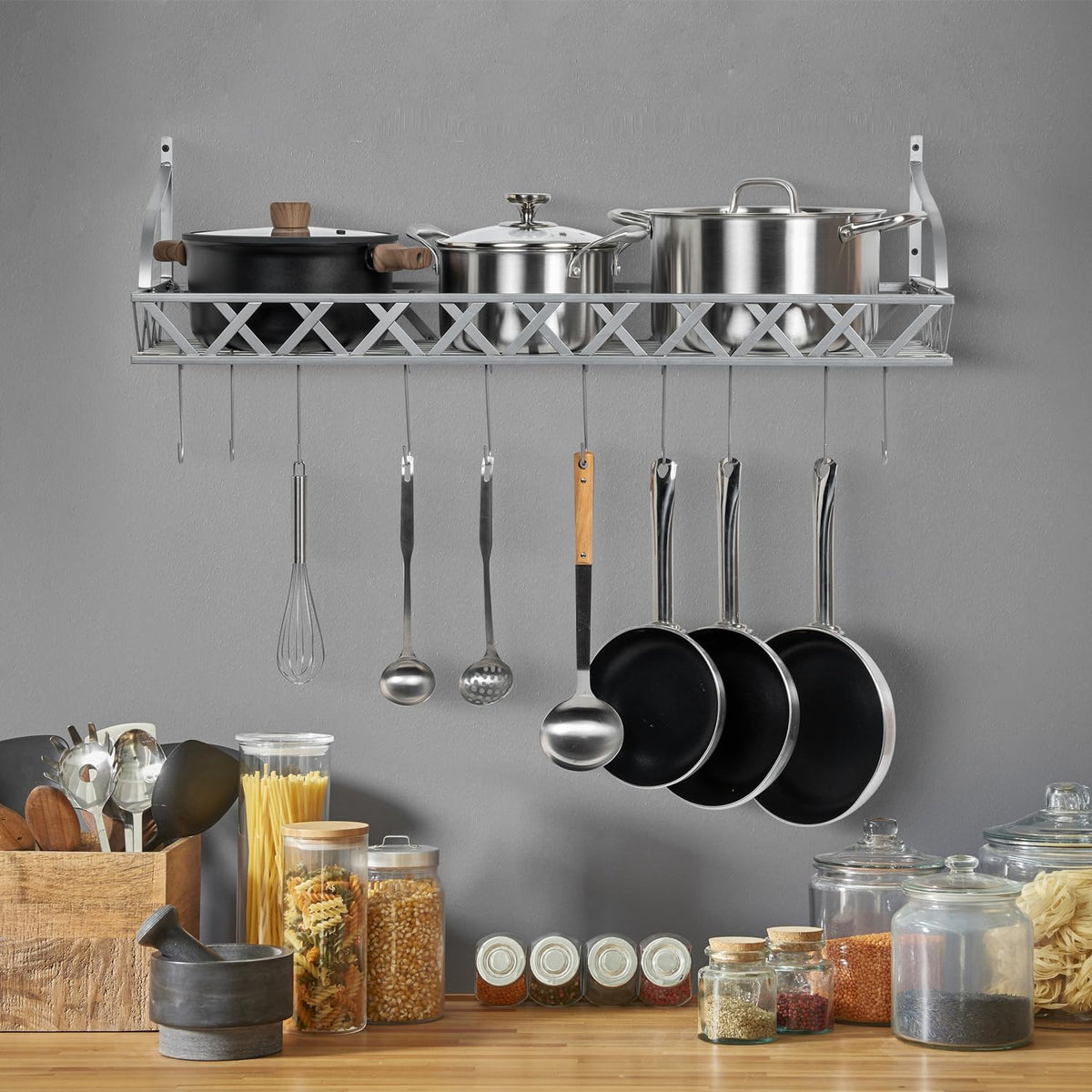 MyGift Wall Mounted Silver-Tone Metal Hanging Kitchen Pots, Pans and Utensils Storage Cookware Rack