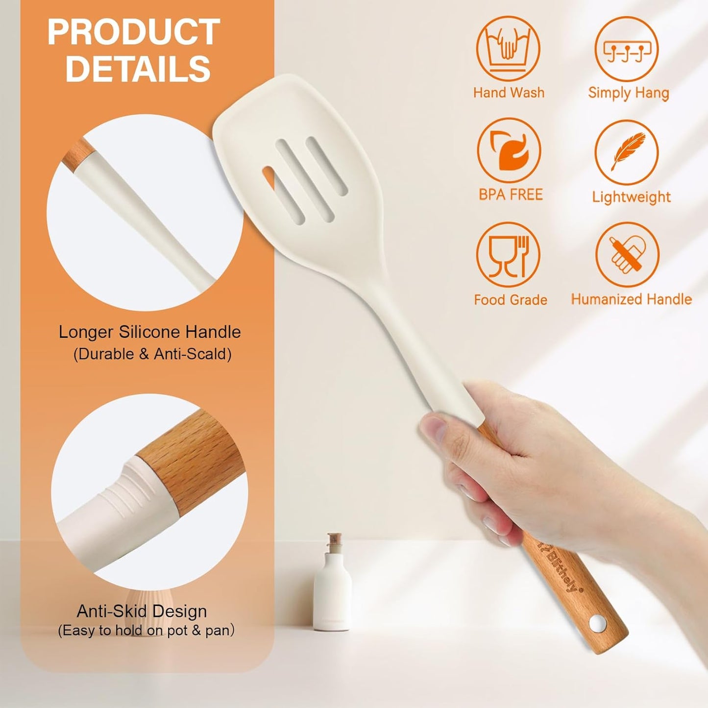 Large Silicone Cooking Spoon Set, 2 Pack Solid Slotted Spoon with Wooden Handle, Nonstick Silicone