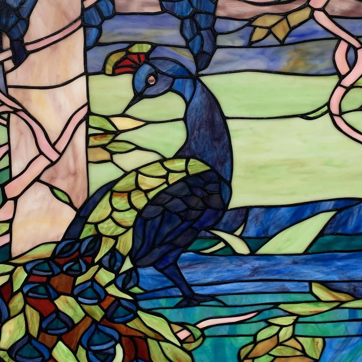 Bieye W10094 Peacock in Garden Tiffany Style Stained Glass Window Panel for Home Decor (Blue, 24"