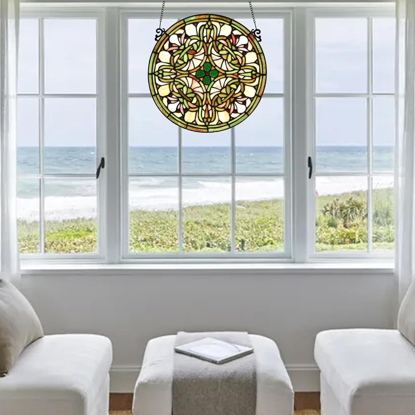 Tree of Life Tiffany Style Stained Glass Window Panel (KP122N), Yellow Sun Flower Design, Round