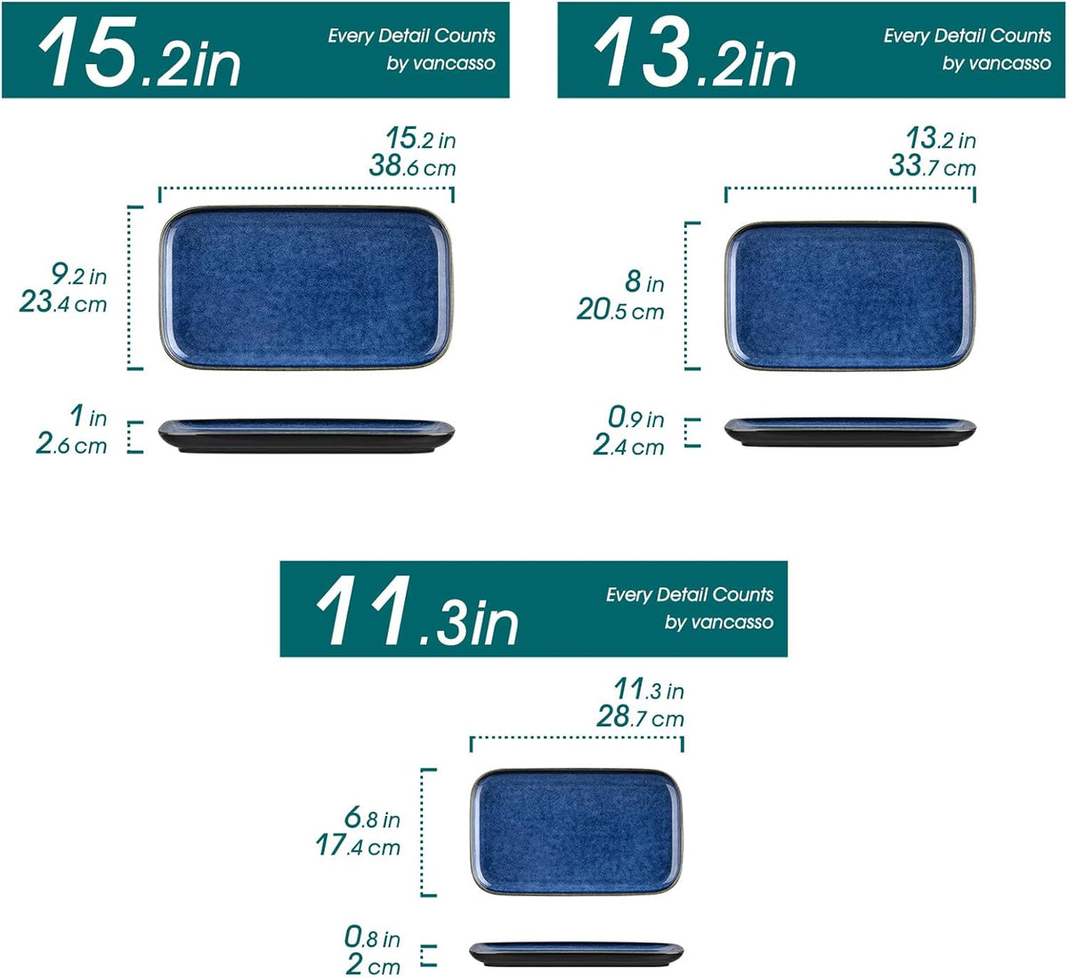 vancasso Stern Serving Platters Set of 3, 15/13/ 11 Inches Rectangular Serving Plates, Blue Serving