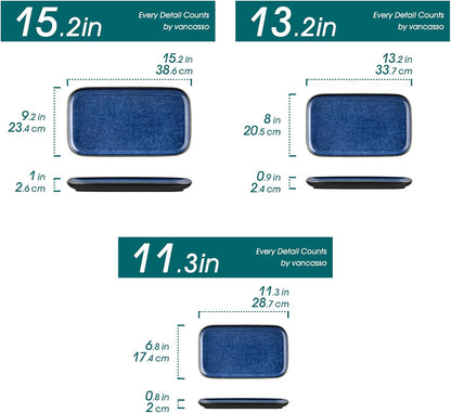 vancasso Stern Serving Platters Set of 3, 15/13/ 11 Inches Rectangular Serving Plates, Blue Serving