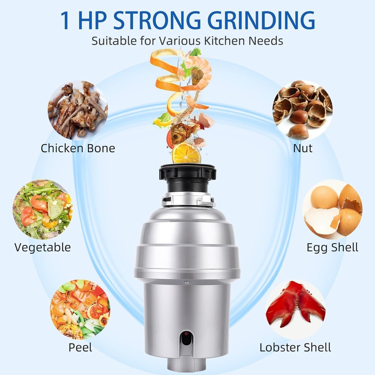 Powerful 1HP Stainless Steel Garbage Disposer, Dishwasher-Friendly and Continuous Feeding Waste