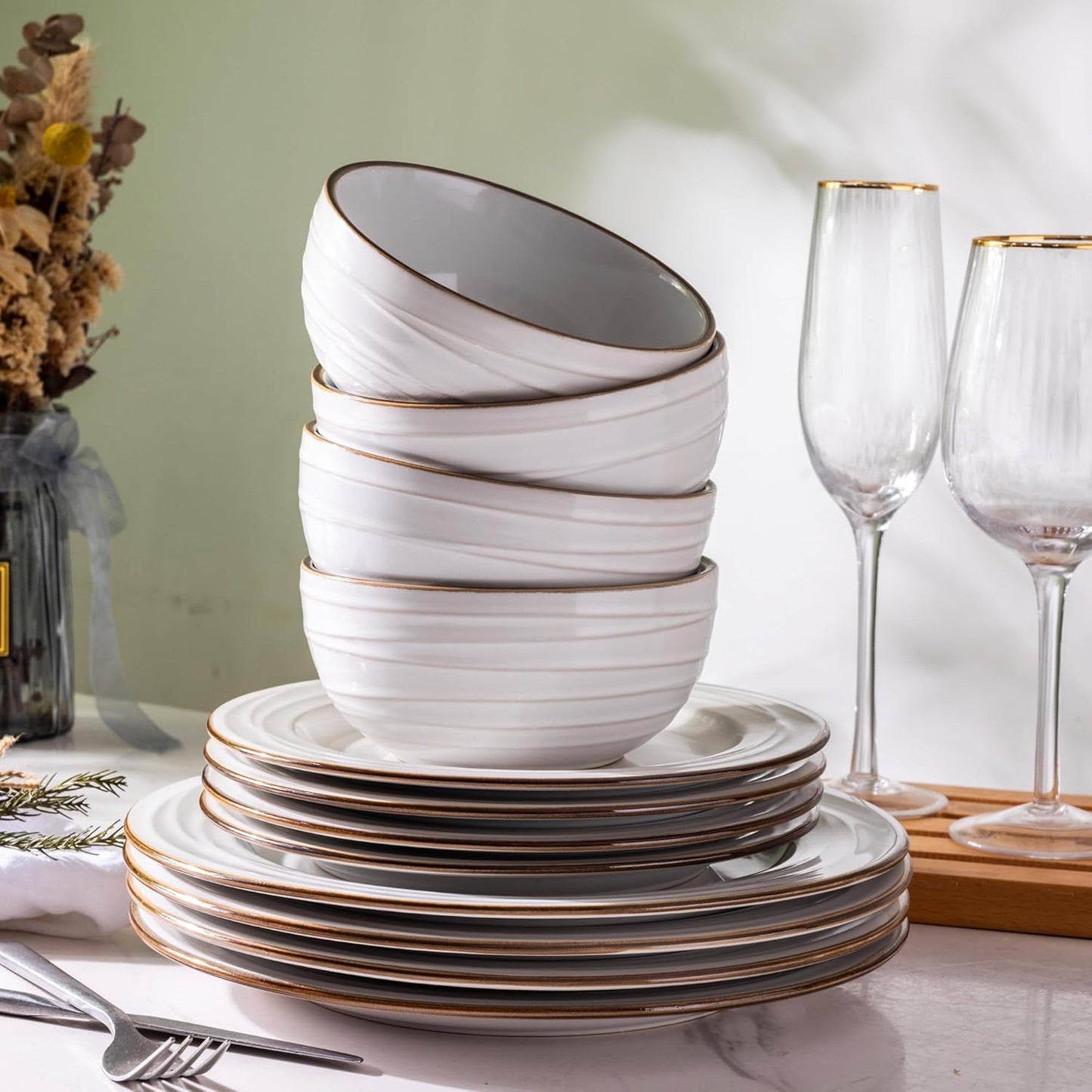 GBHOME Ceramic Dinnerware Sets,12 pcs Embossed Elegant Stoneware Plates and Bowls Sets