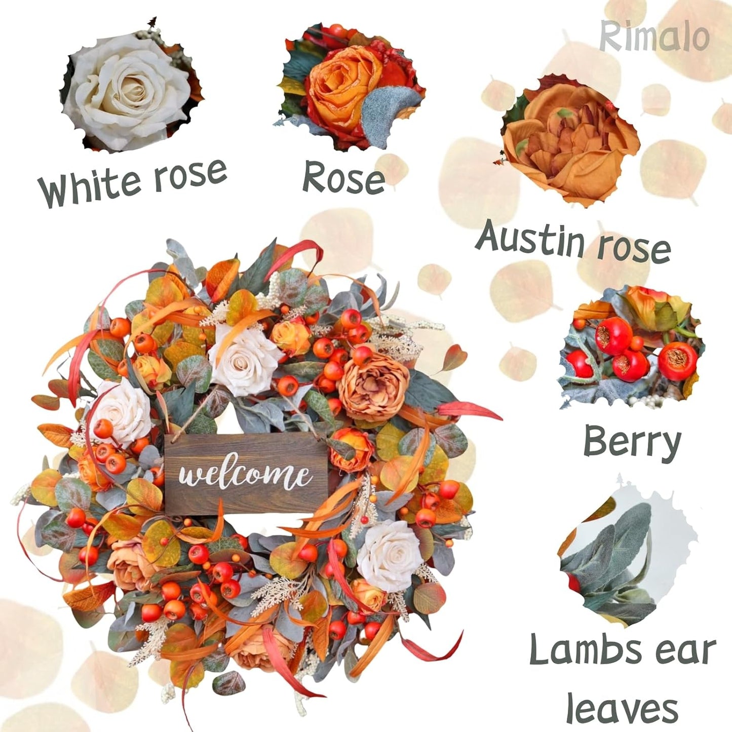 Fall Wreath for Front Door, 24 Inch Autumn Wreath with lamb's Ear Leaves, Roses, Berries & Wooden