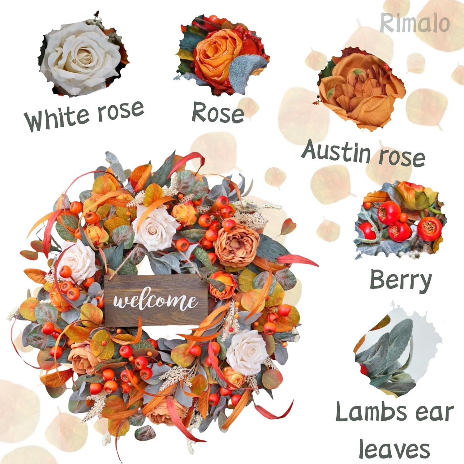 Fall Wreath for Front Door, 24 Inch Autumn Wreath with lamb's Ear Leaves, Roses, Berries & Wooden
