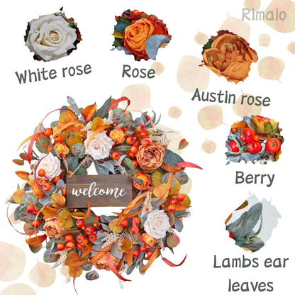 Fall Wreath for Front Door, 24 Inch Autumn Wreath with lamb's Ear Leaves, Roses, Berries & Wooden