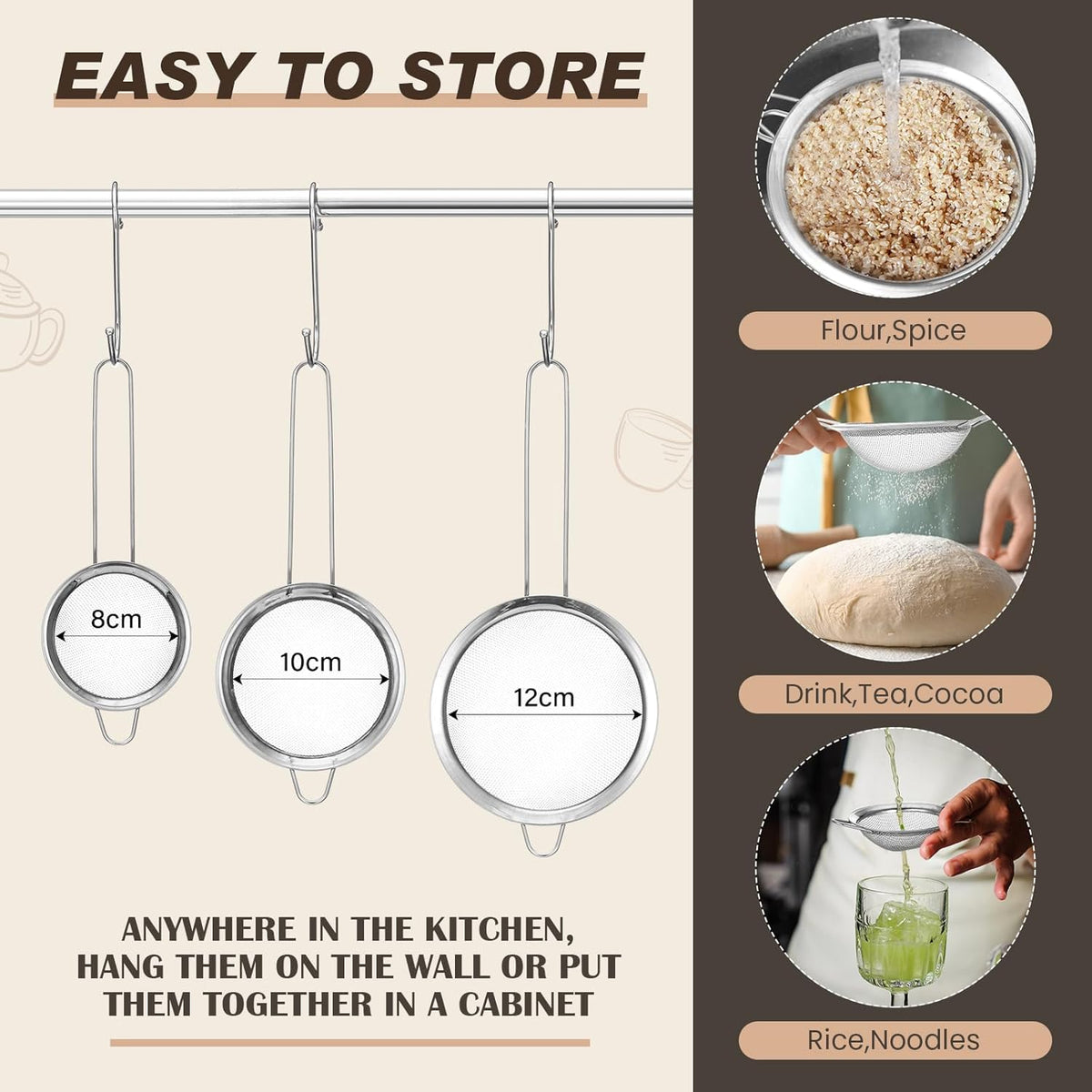 Norme 4 Quart Stainless Steel Silver Colander and 3 Pcs Silver Fine Mesh Strainer, Stainless Steel