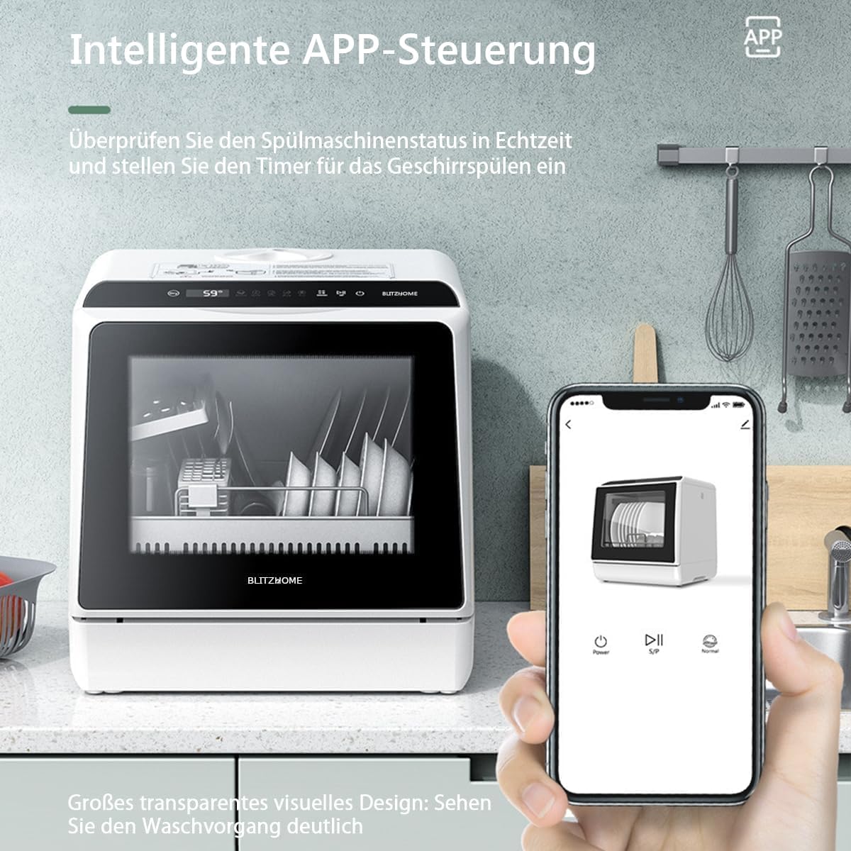 Portable Dishwasher Countertop, WIFI Smart Dishwasher, Compact Mini Dishwashers with 5L Built-in