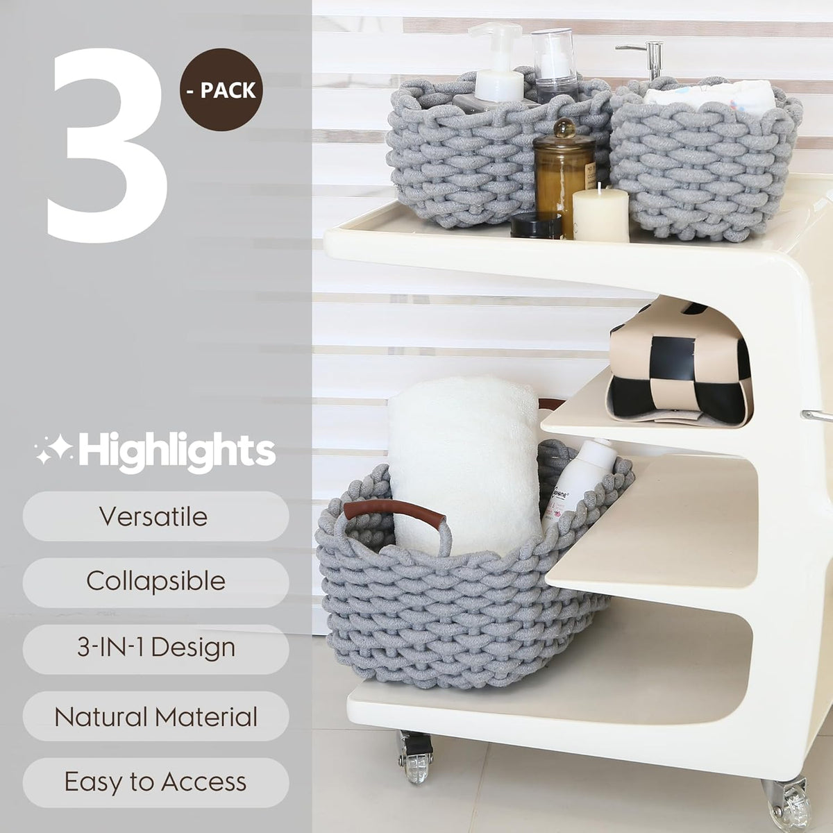 Sea Team 3-Pack Rectangle Woven Cotton Rope Storage Baskets with Handles, Shelf Basket, Closet