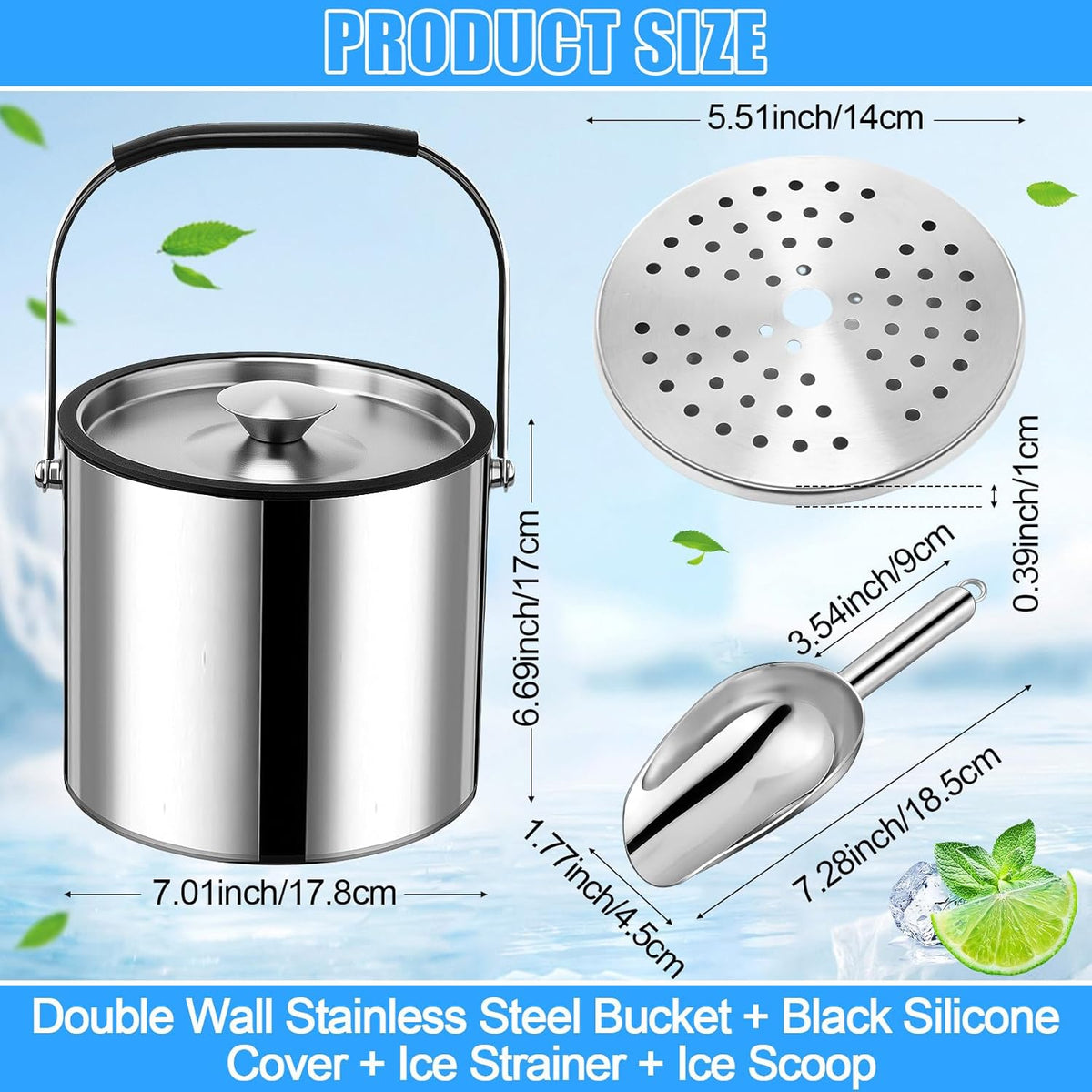 meekoo 3 L Double Wall Insulated Stainless Steel Ice Bucket with Lid, Scoop, Strainer, Handle Large