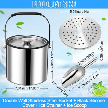 meekoo 3 L Double Wall Insulated Stainless Steel Ice Bucket with Lid, Scoop, Strainer, Handle Large