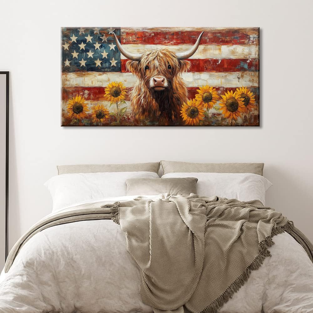 LASMOND Country Highland Cow Wall Art for Living Room Rustic Retro Vintage American Flag Sunflower