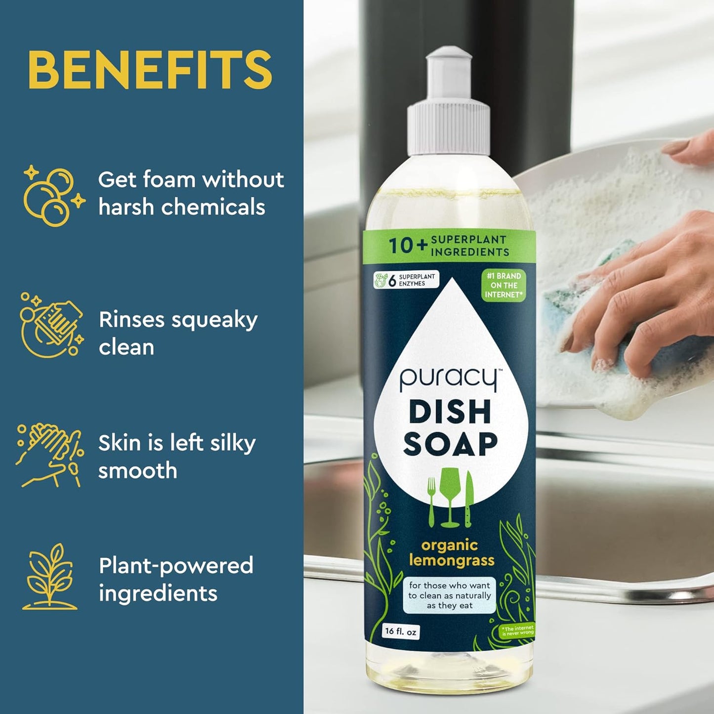 Puracy Natural Dish Soap Packs - Skin-Softening Plant-Based Dishwashing Soap, Non-Toxic Dish Soap