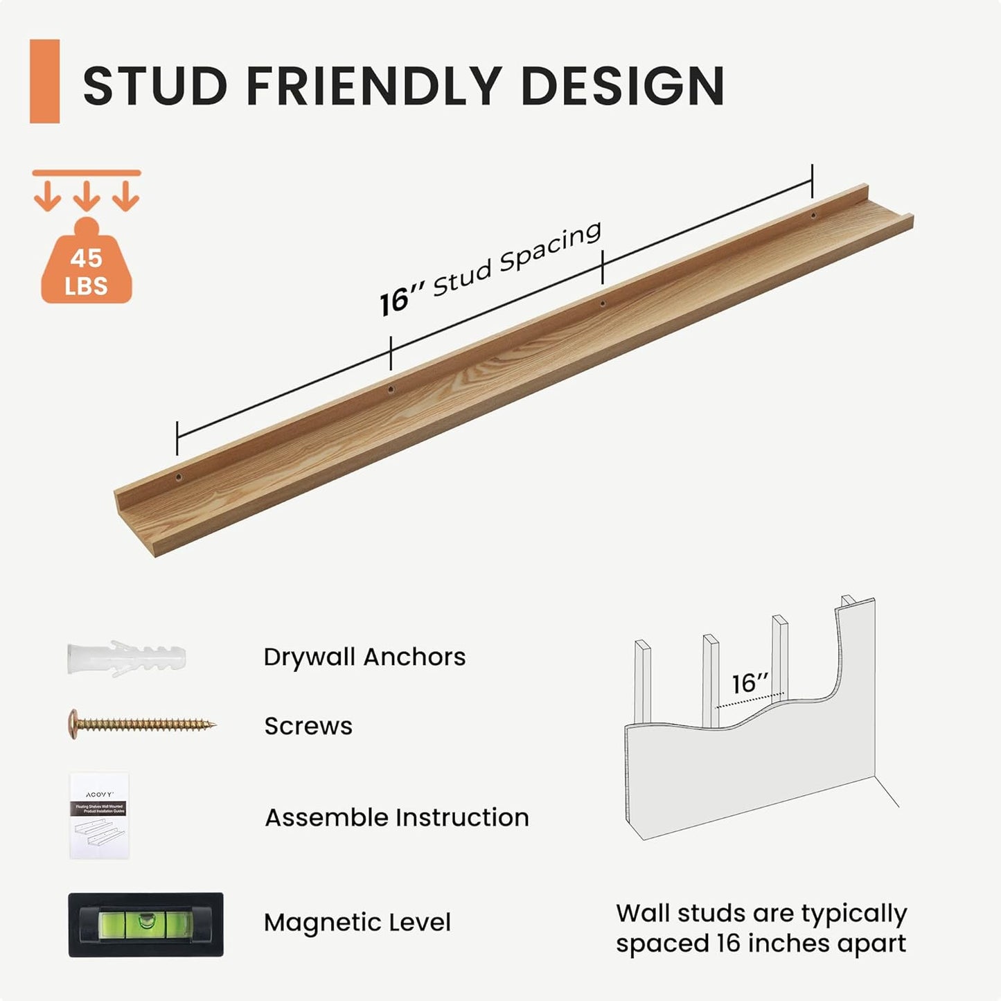 Solid Ash Wood Picture Ledge Shelf, Floating Shelves Set of 2, 56 Inch Long Large Ledge Shelves