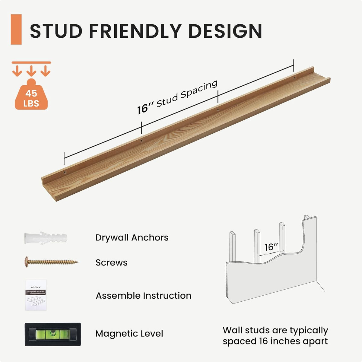 Solid Ash Wood Picture Ledge Shelf, Floating Shelves Set of 2, 56 Inch Long Large Ledge Shelves