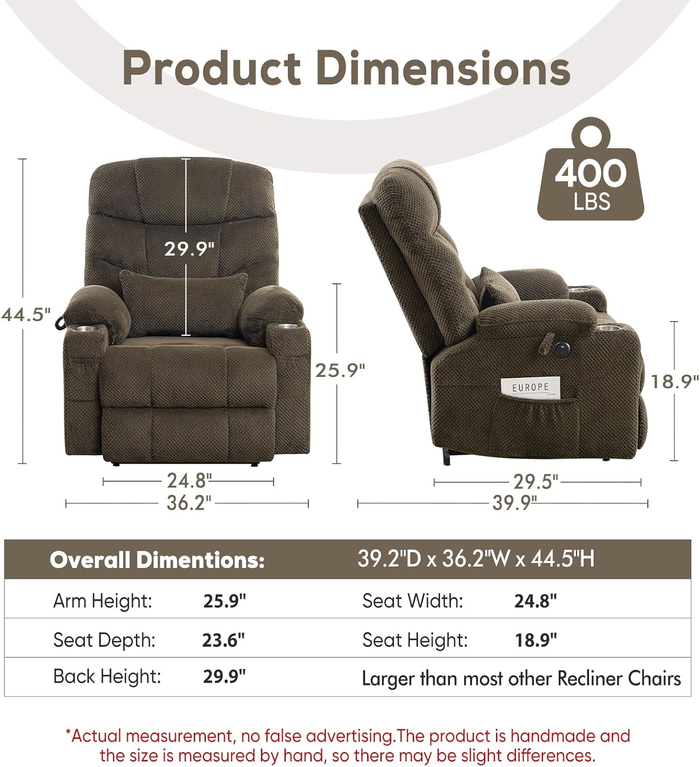 Oversized Dual Motor Lay Flat Power Lift Recliner Chair with Massage, Heating, Lumbar Pillow, USB &
