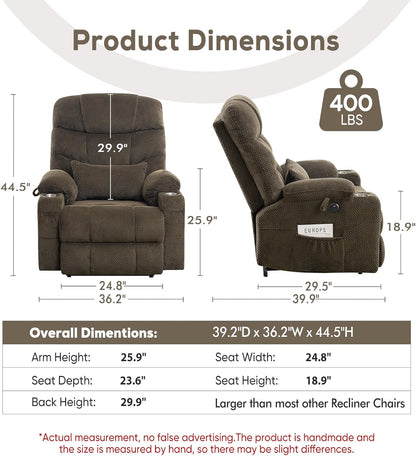 Oversized Dual Motor Lay Flat Power Lift Recliner Chair with Massage, Heating, Lumbar Pillow, USB &