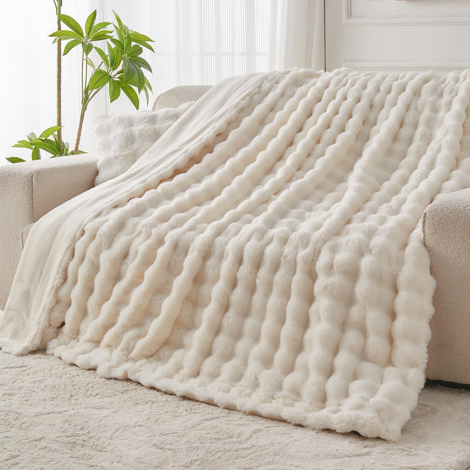 Lotus Karen Faux Fur Throw Blanket Cream White - Big Bubble Rabbit Fluff Blanket for Couch, Small
