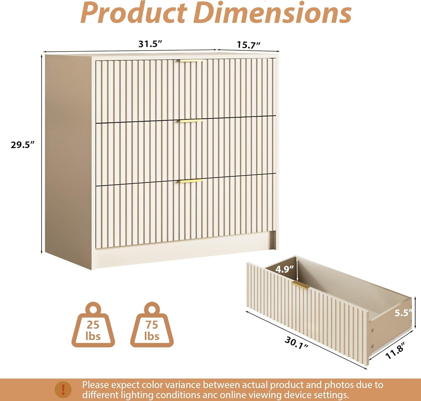 Fluted Dresser for Bedroom, 32 Inch Wide Nightstand with Large Drawer, 3 Drawer End Table for