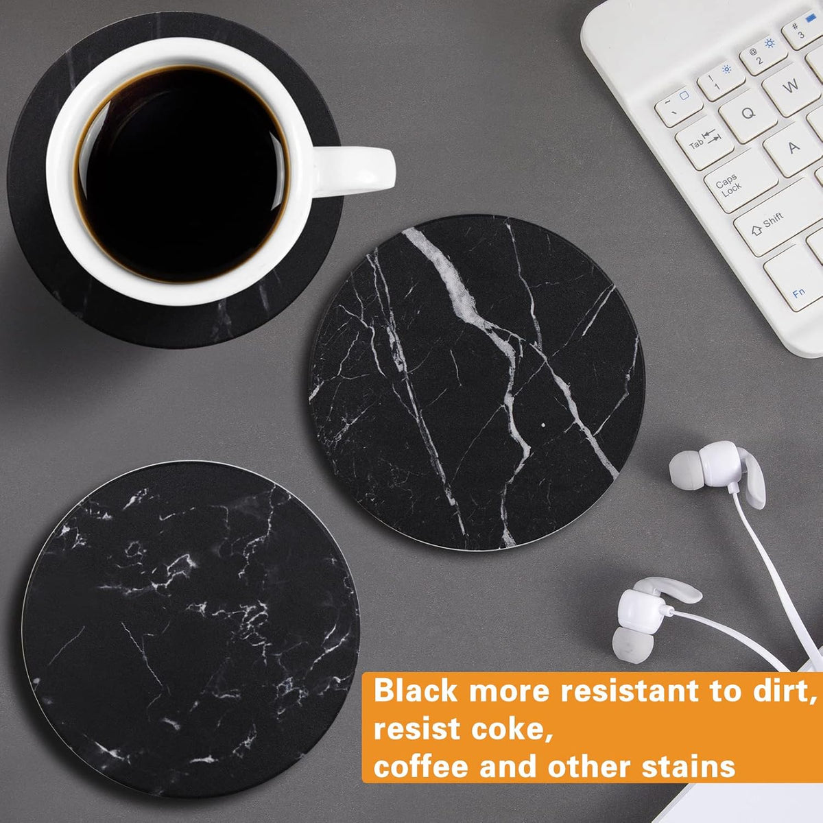 Drink Coasters with Holder Absorbent Ceramic Coasters Set of 6 Black Marble Style, 4 Inches