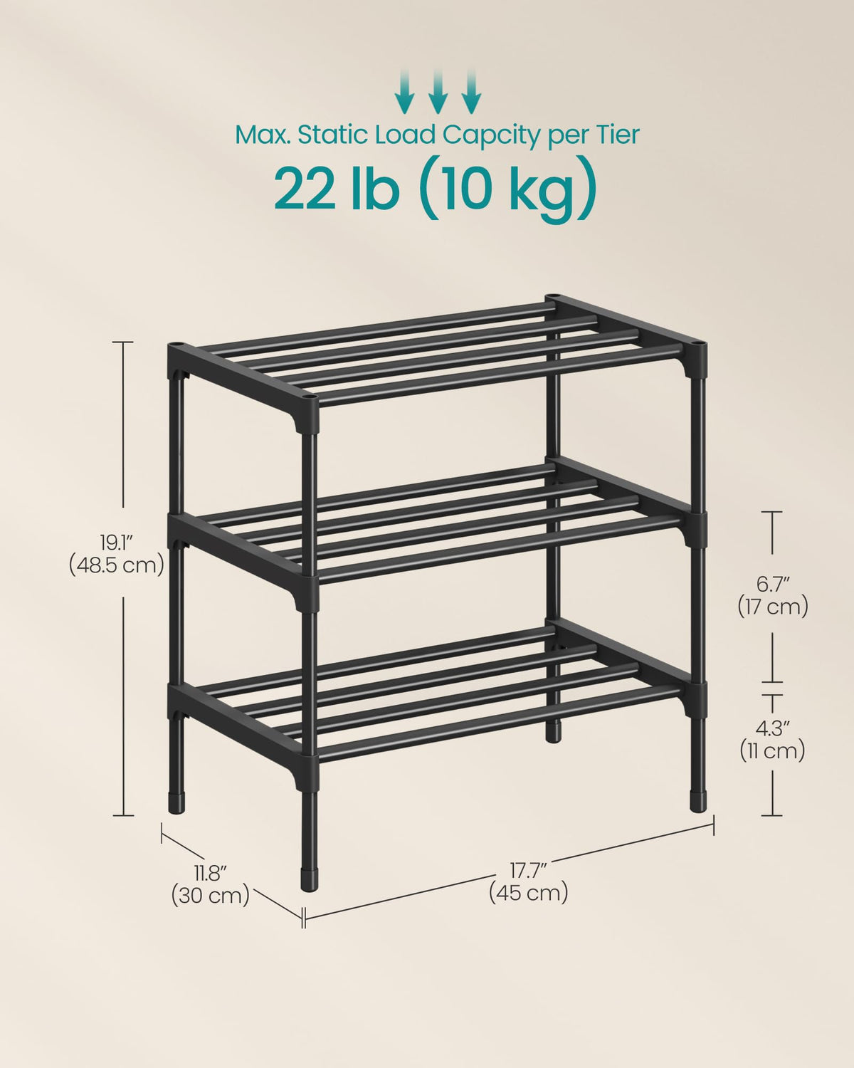 SONGMICS 3-Tier Shoe Rack, Stackable Compact Metal Shoe Storage Organizer