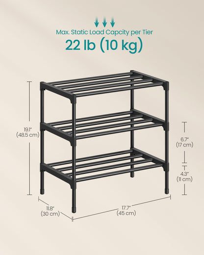 SONGMICS 3-Tier Shoe Rack, Stackable Compact Metal Shoe Storage Organizer