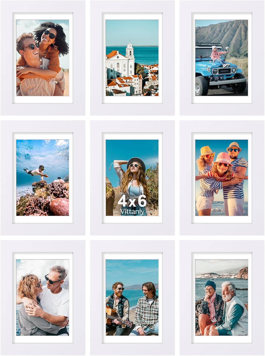 Vittanly 4x6 Picture Frames Set of 9, Shatter Resistant Plexiglass, Display 3.5x5 Pictures with Mat