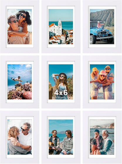 Vittanly 4x6 Picture Frames Set of 9, Shatter Resistant Plexiglass, Display 3.5x5 Pictures with Mat
