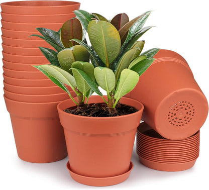 homenote Pots for Plants, 15 Pack 6 Inch Plastic Planters with Multiple Drainage Holes and Tray