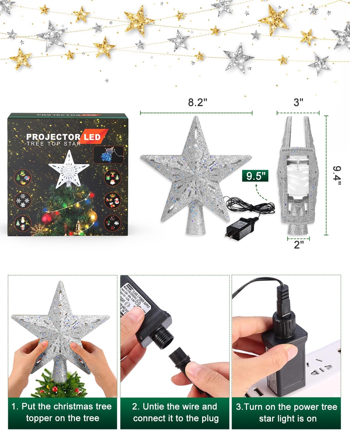 Kesfitt Christmas Tree Topper with 10M Colorful Light Cord, Tree Top Star Decoration with 6