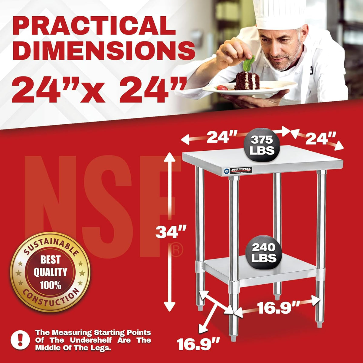 DuraSteel 24x24 Stainless Steel Prep Table - NSF Commercial Outdoor Grill Worktable - Metal Side