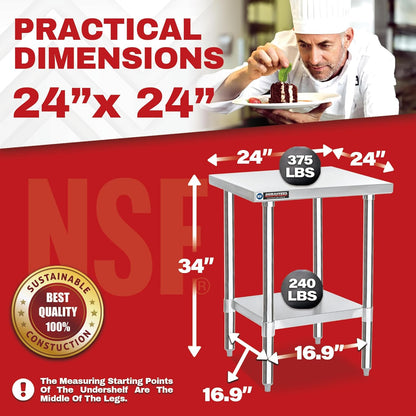 DuraSteel 24x24 Stainless Steel Prep Table - NSF Commercial Outdoor Grill Worktable - Metal Side