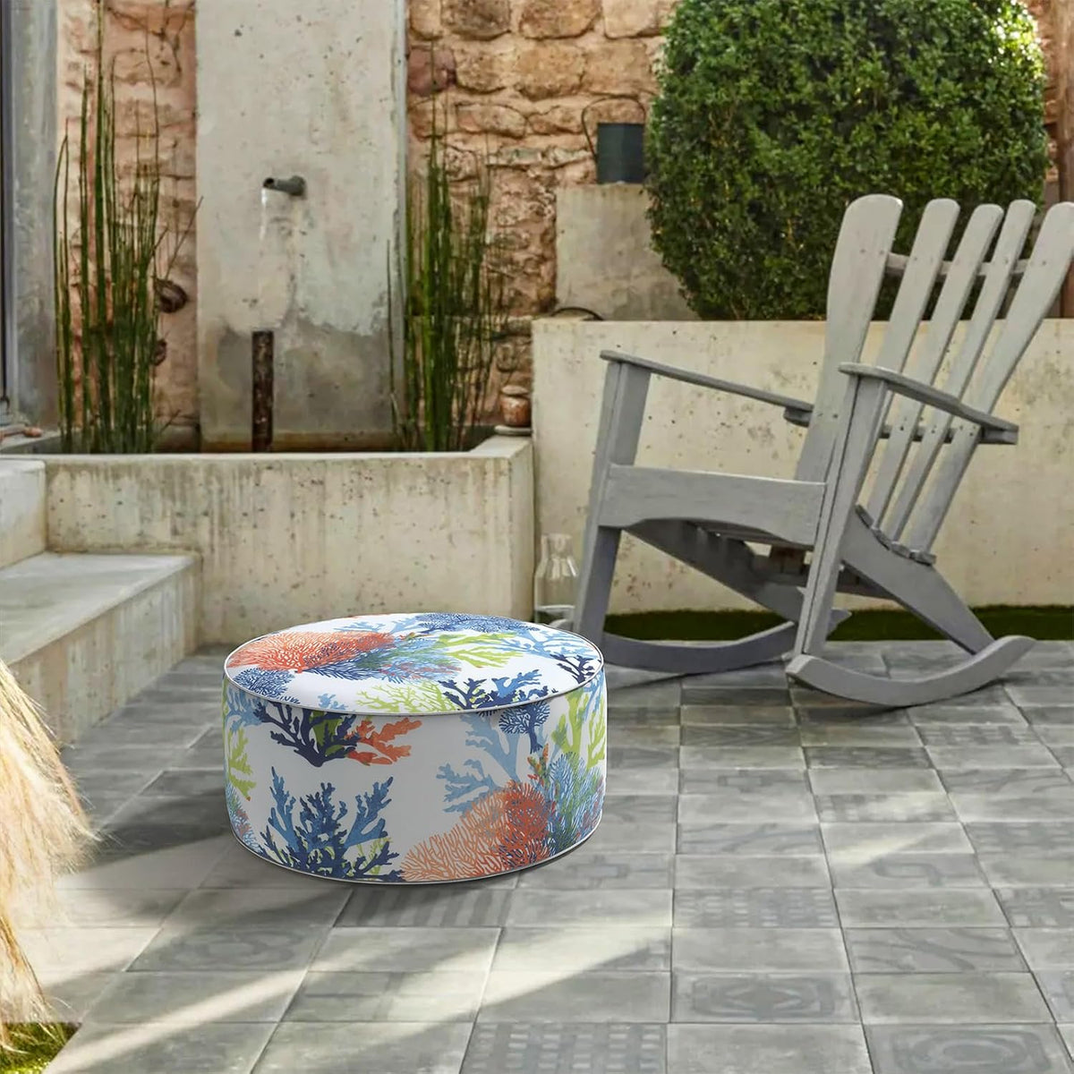 LVTXIII Outdoor Inflatable Ottoman, Patio Fade-Resistant Footrest Stool with Handle, Portable Round
