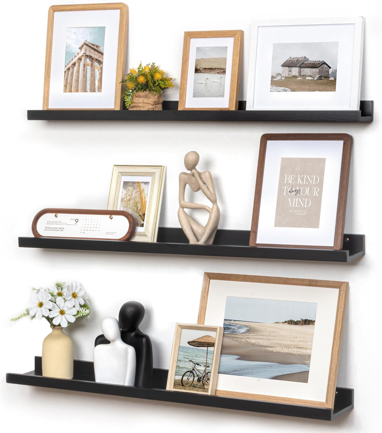 Picture Ledge Wall Shelves - 36 Inch Width Set of 3, Solid Pine Wood Rustic Floating Ledge Shelves