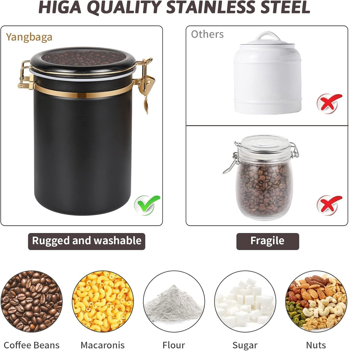 Yangbaga 304 Stainless Steel Coffee Canisters for Ground Coffee,3 x 63 OZ Coffee Container with