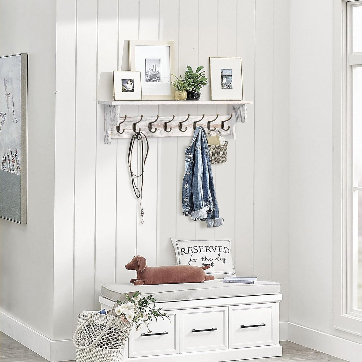 BECHAEO 35.8'' Wood Coat Rack Wall Mount with Shelf, White Wall Coat Rack with Hooks, Farmhouse