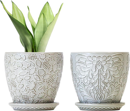 6 Inch Ceramic Planter Pots with Drainage Hole and Saucers for Indoor Plants, Garden Pots for